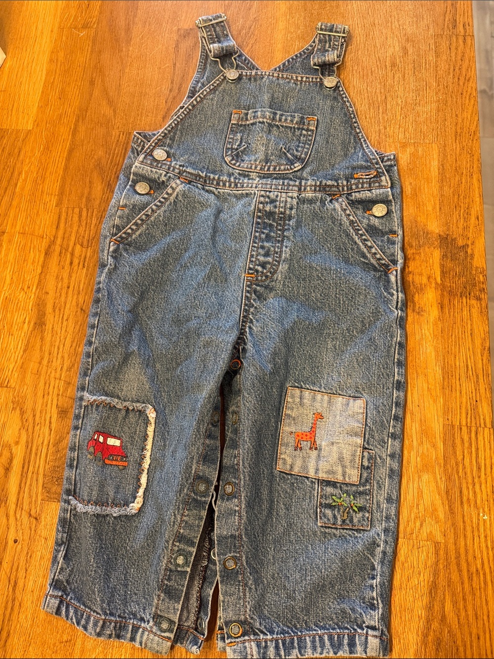 Vintage Kids Denim Overalls with Embroidered Patches